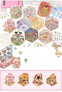 Close-up of 14 unique 3D miniature life scene stickers featuring cafes and cozy houses