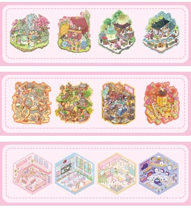 Close-up of 12 3D miniature scene stickers with diverse themes on pink background