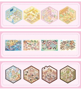 Detailed collection of 12 3D cartoon miniature scene stickers including a bakery and cafe