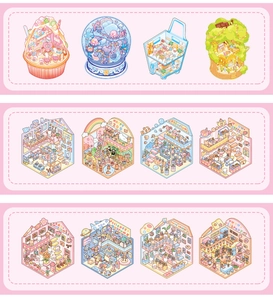 Macro view of twelve miniature 3D scene stickers in pastel colors and creative themes