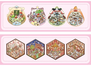 Close-up of 3D miniature scene stickers with cute animal and Chinese style illustrations