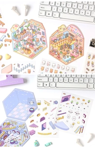 Detail of 3D miniature scene stickers with cute cartoon house and DIY layering elements