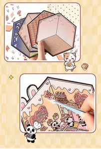 Macro detail of 3D miniature scene stickers with cute panda and dessert DIY motifs