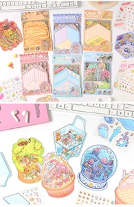 Macro detail of 3D miniature scene stickers showing colorful DIY layered designs