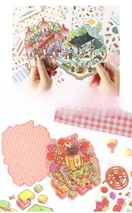Detailed view of 3D miniature scene stickers with colorful hand-drawn castle and garden motifs