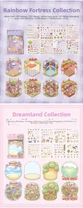 Close-up of 3D miniature scene DIY stickers featuring rainbow castle and forest cottage themes