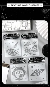 Detailed view of hollow space-themed painting stencils featuring rockets and astronauts