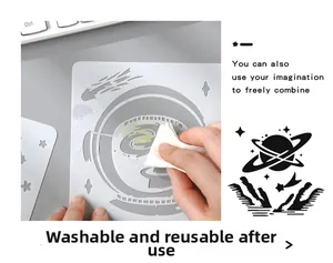 Washable PET stencil showing an astronaut and planets being cleaned for reuse