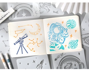Detailed view of space stencils featuring astronauts and stars for creative drawing