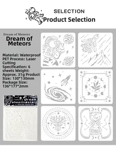 Detailed specifications of 130mm waterproof PET drawing stencils with 6 galaxy themed designs