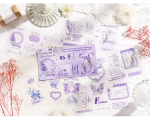 Dettaglio di adesivi PET floreali lavanda con farfalle per decorazioni fai-da-te