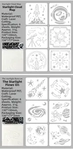 Detail of 6-piece PET space-themed stencils showing galaxy patterns and rocket cutouts