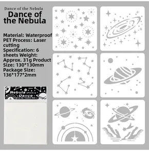 Detail of 6 Nebula theme stencil sheets showing spiral galaxy and planet laser cut designs
