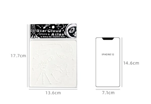 Size comparison of star and moon drawing stencils next to an iPhone 12 model