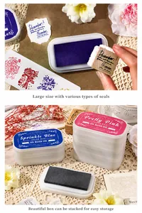 Detail of oil-based large ink pads in blue and pink for vintage scrapbooking DIY