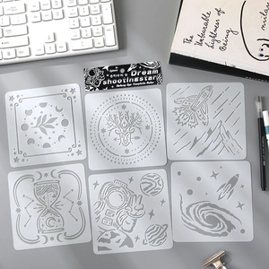 Set of 6 universe themed drawing stencils including astronaut and rocket for DIY art