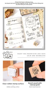 Detailed macro view of cute cartoon bear wooden stamps for DIY scrapbooking journals