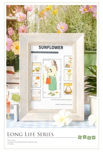 Detail of vintage wooden photo frame with sunflower girl and cat illustration