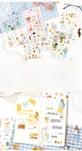Detail of 6pcs PET stickers featuring summer sunshine anime girl illustrations for scrapbooking