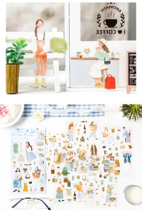 Macro detail of 6-piece Winter Snow PET stickers set with hand-drawn girl and floral designs