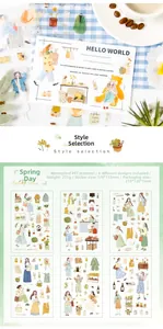 Detail of 6 waterproof PET stickers featuring watercolor lifestyle and fashion girl motifs