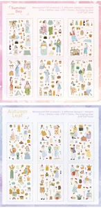 Detail of waterproof PET decorative stickers with summer and autumn hand-drawn illustrations