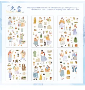 Detail view of 6-piece PET winter theme fashion illustration stickers for DIY planners