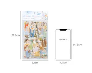 Size comparison of Winter Snow girl stickers showing 21.8x12cm dimensions vs iPhone 12