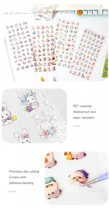 Macro detail of waterproof PET cartoon stickers featuring cute animals and precision die-cut edges