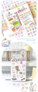 DIY usage showing cute cartoon animal PET stickers on phone cases and journals
