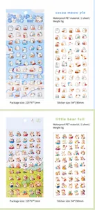 Detail of waterproof PET stickers featuring cute cat and bear patterns for scrapbooking