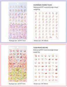 Detail view of cute cartoon PET stickers featuring rabbit and sheep for journaling