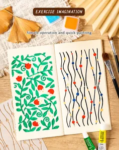 Detailed PET hollow stencil set for flower drawing with gouache colors and pads