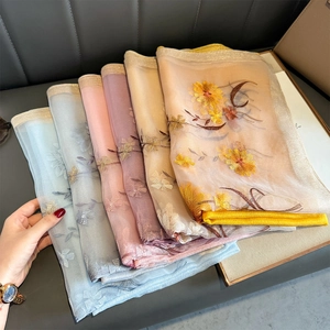 Detailed close-up of colorful floral embroidery on elegant faux silk scarves