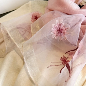 Detail of pink embroidered silk scarf with gold trim on a beige knit background