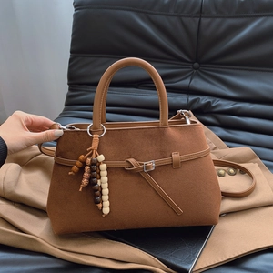 Retro Matte PU Leather Handbag For Women Large Capacity Commuter Tote With Wooden Bead Charm Vintage Crossbody Bag