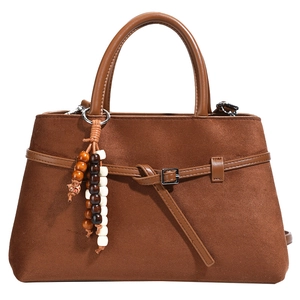 Vintage brown frosted leather tote bag with knotted strap and retro bead charm accessory