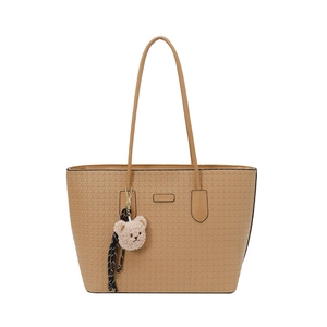 Vintage light coffee embossed tote bag with a cute plush bear pendant and fashion logo