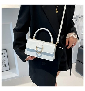 Close-up of white leather square bag with gold D-ring buckle and sleek top handle