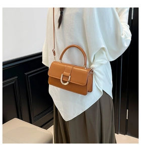 Detailed view of a brown vintage-style square handbag with a golden U-shaped buckle