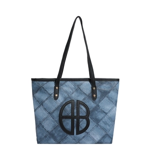 Contrast stitching large denim tote bag with round logo and vintage patchwork design