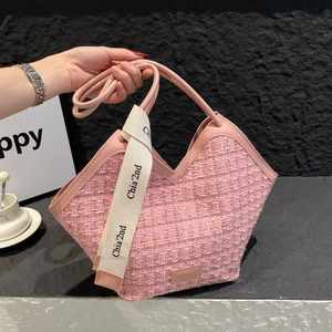 Women Tweed Shoulder Tote Bag Large Capacity Fashion V-Shaped Mouth Commute Handbag With Letter Ribbon Spliced Design