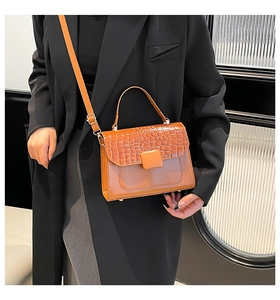 Close-up of brown crossbody bag featuring crocodile texture and elegant square buckle