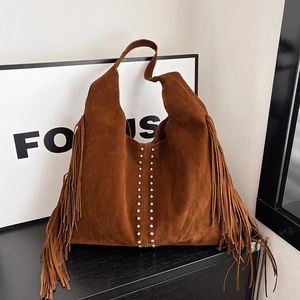 Bohemian Faux Suede Fringe Shoulder Bag For Women Large Capacity Hobo Tote With Rivets Vintage Casual Daily Carry Handbag