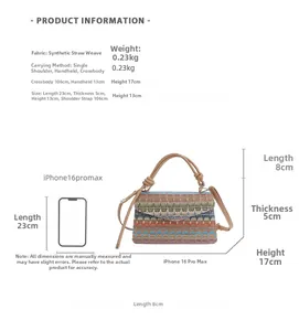 Size chart showing colorful straw woven handbag dimensions with iPhone scale comparison
