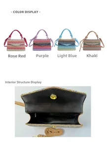 Detail of colorful woven handbags with magnetic snap and adjustable leather shoulder straps