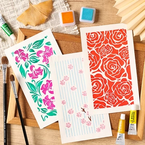 Stencil per pittura floreale in PET con colori a guazzo e pennelli per progetti artistici