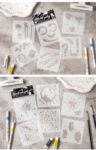 Close-up of 6pcs PET ink splatter painting stencils for DIY art journaling and craft