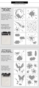 Detailed PET painting stencil kit showing six laser-cut artistic patterns and dimensions