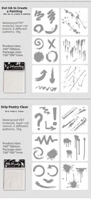 Detail of 6-piece PET stencils with ink and water drop patterns for artistic painting